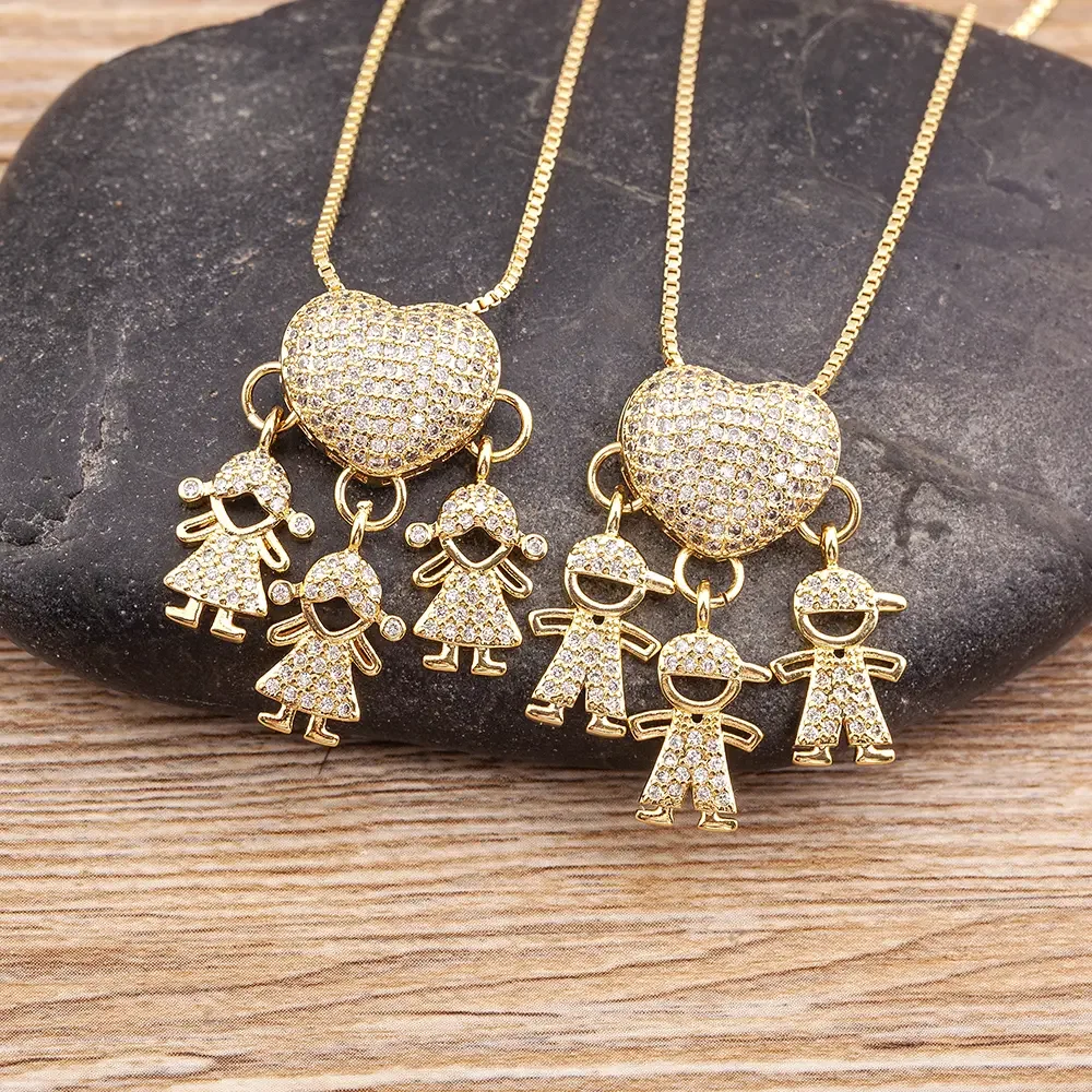Hot Sale Son Daughter Heart Gold Plated Cubic Zirconia Family Girl Boy Pendant Necklace Chain Jewelry For Mother Gift 36