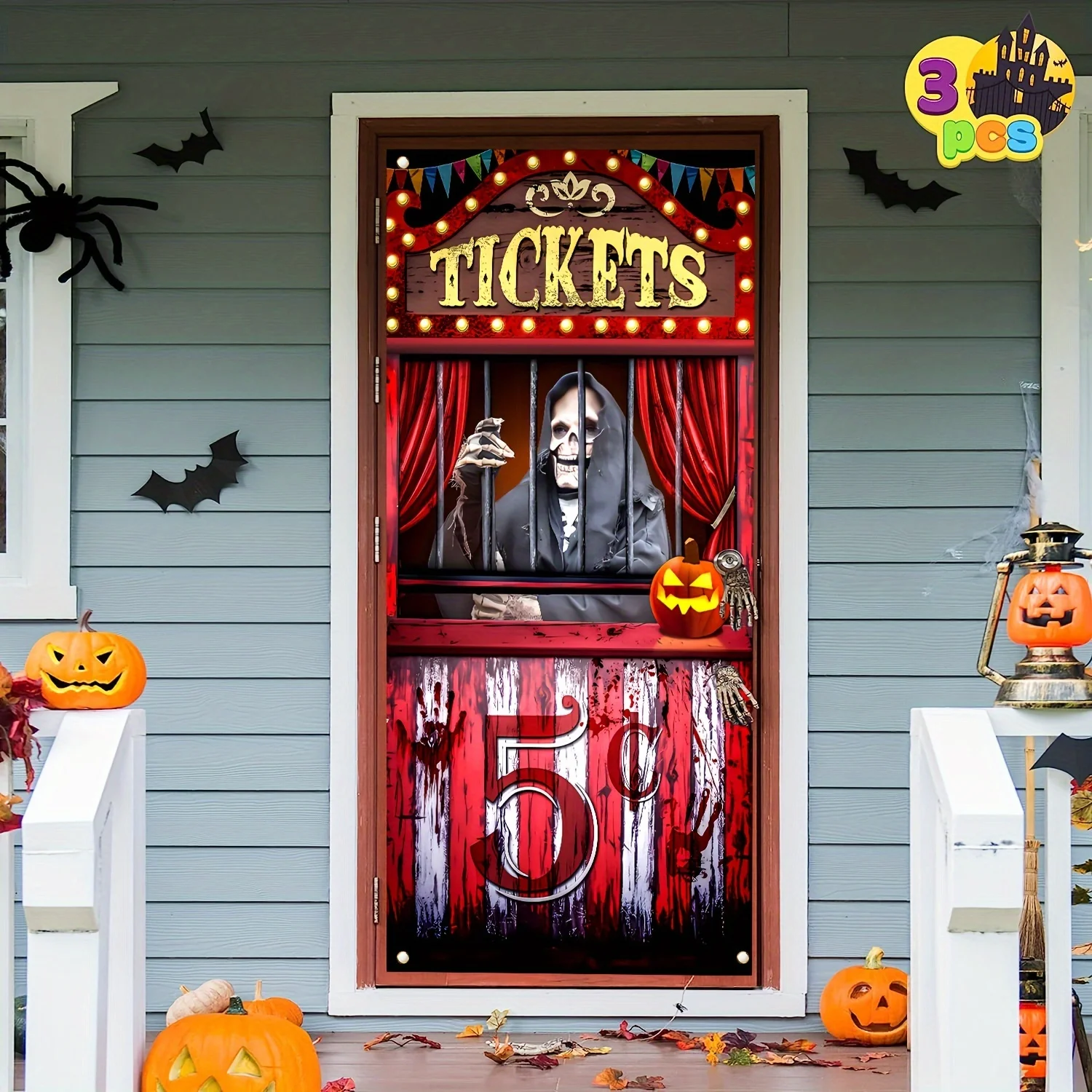 Polyester Black Evil Circus ticket booth banner - Halloween Bloody Horror party background, Day of the Dead holiday hanging