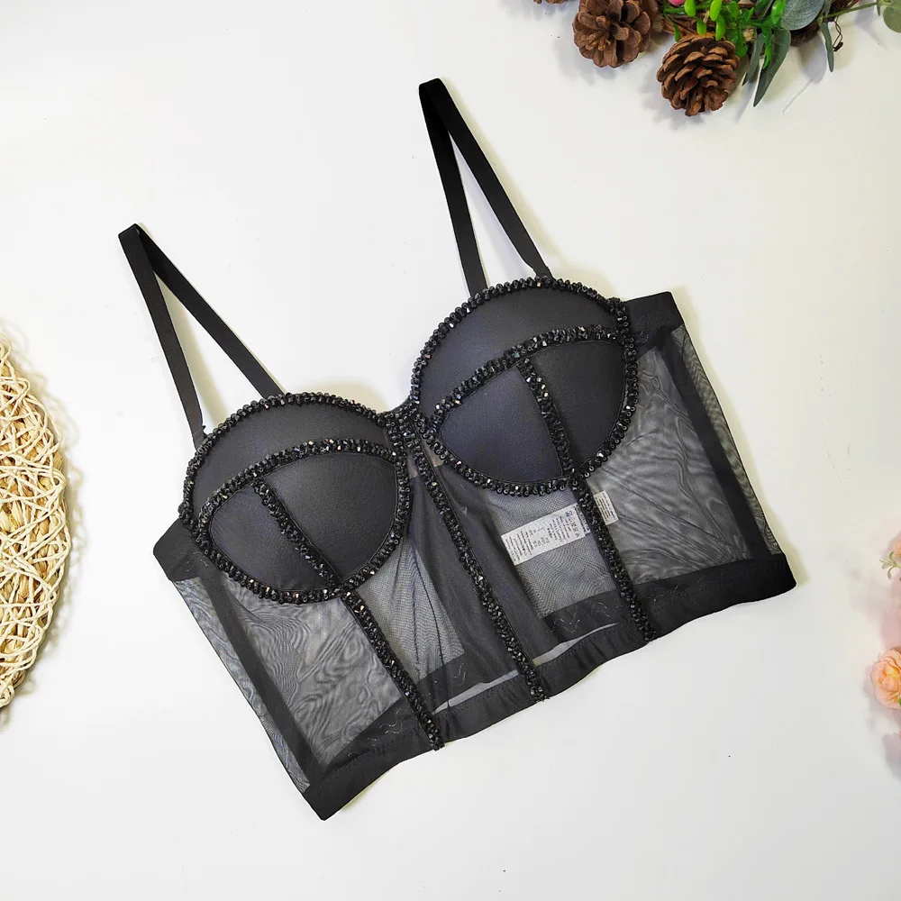 Sexy Beaded Bra Crystal See-tough Fibone Strap Outdoor Wear a Underwear Women's Premium Tube Top Summer 2024