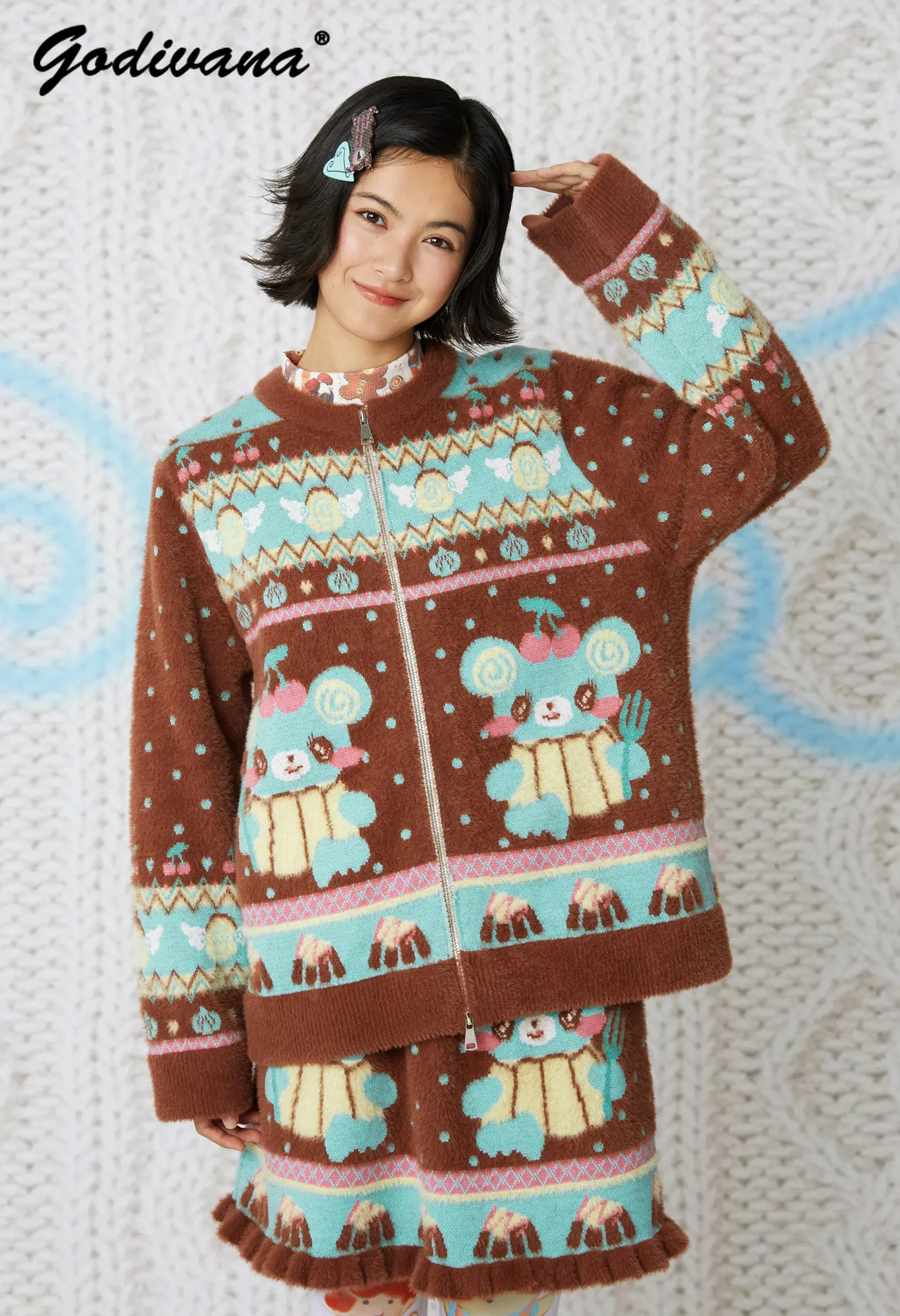 Original Autumn/winter Cute Chocolate Bear Jacquard Zip-up Knit Sweater Short Knitted Skirt 2 Piece Set Women's Sweater Set