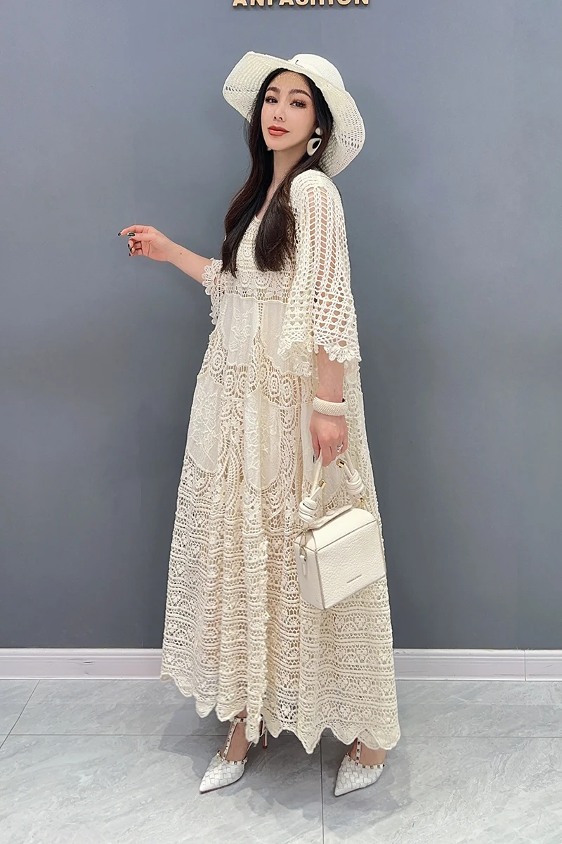 2024 Summer New Lace Dress Mid sleeved Mid length Skirt Hollow out Elegant Ladies Loose fitting Women Dress WXY042