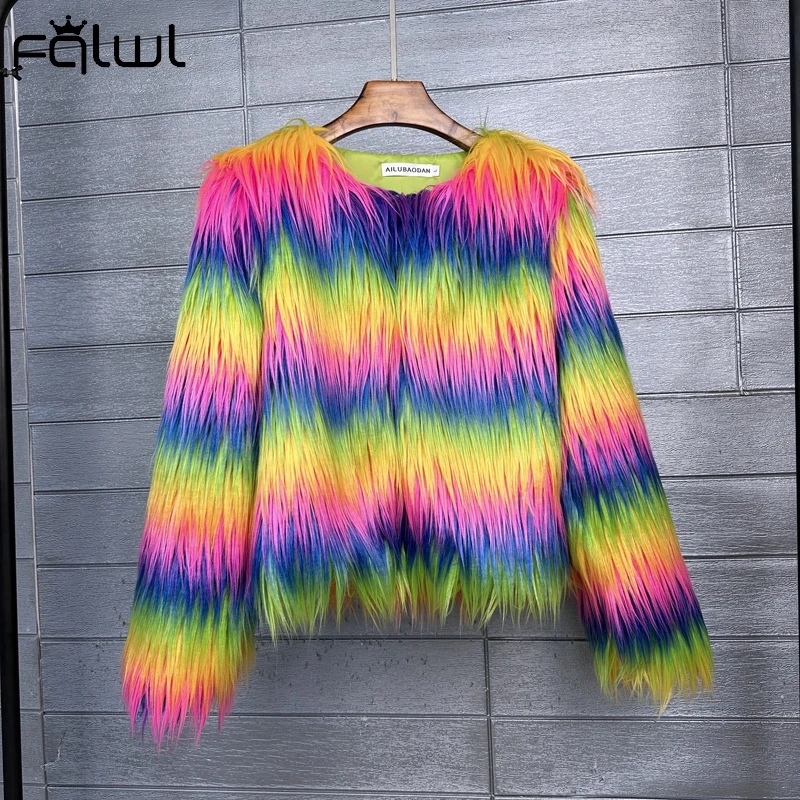 Habbris Colorful Warm Faux Women Fur Coat Loose Black White Pink Plush Coat 2024Female Jacket Fur Autumn Winter Shaggy Outerwear