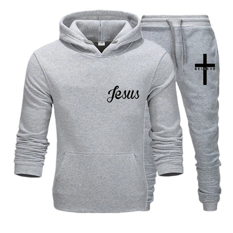 Autumn Winter Men's Sports Casual Suit Latest I Believe in Jesus Christ Printed Solid Color Hooded Drawstring Design Sports