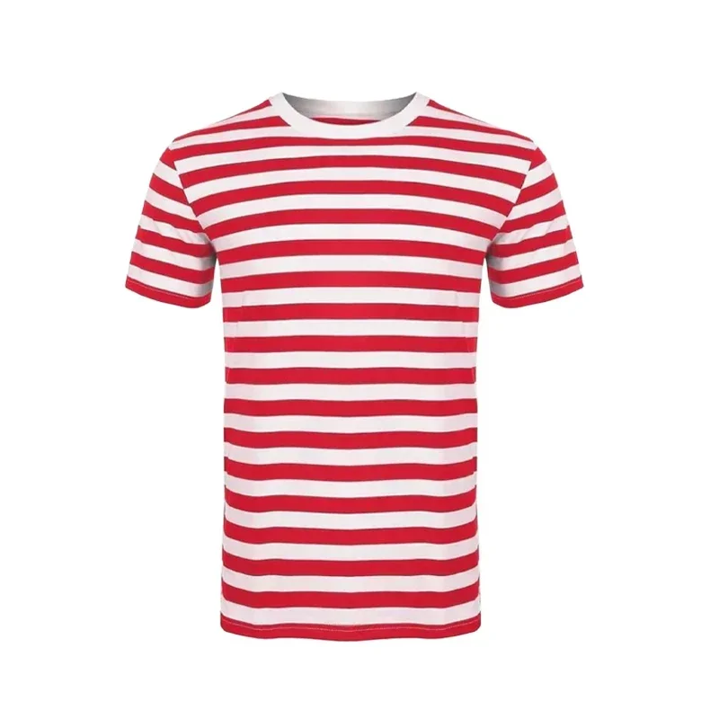 Cartoon Where Wally Cosplay Costumes Red Stripe Half Sleeved T-shirt with Hat Glasses Halloween Cosplays T-shirt for Kids Adults