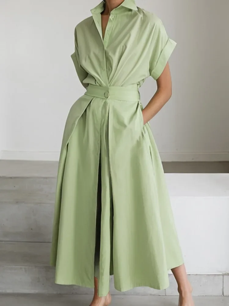 Bonboho Solid Green Polyester Shirt Dress for Women Lapel Short Sleeve Tied Waist Pleated Midi Dress Casual Commuter Dress