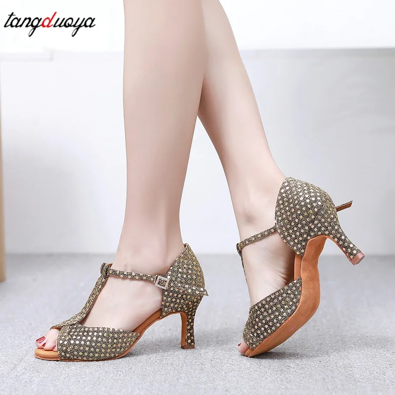 Woman Rhinestone Latin Dance Shoes Tango Ballroom Dance Shoe Ladies High Heels Soft Sole Women Sandals Wedding Shoes