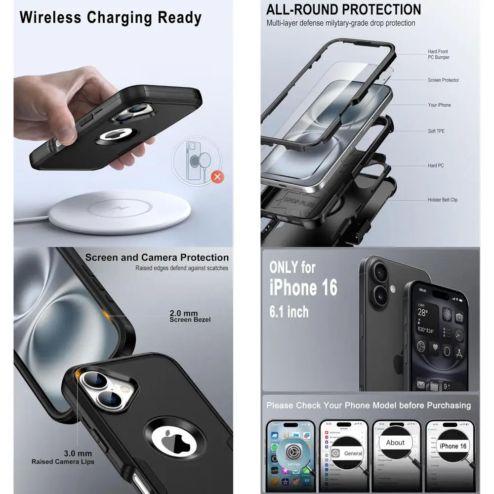 for iPhone 16 Case with Belt Clip Holster,2X Screen Protector, Heavy Duty Protection,Military-Grade Protection,Anti-Drop,Shockpr