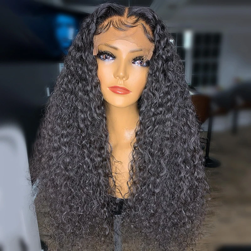 شعر مستعار أسود 26 بوصة بدون صمغ طويل غريب مجعد 180 كثافة شعر مستعار أمامي من الدانتيل العميق للنساء مع شعر أطفال مقطوف مسبقًا يوميًا