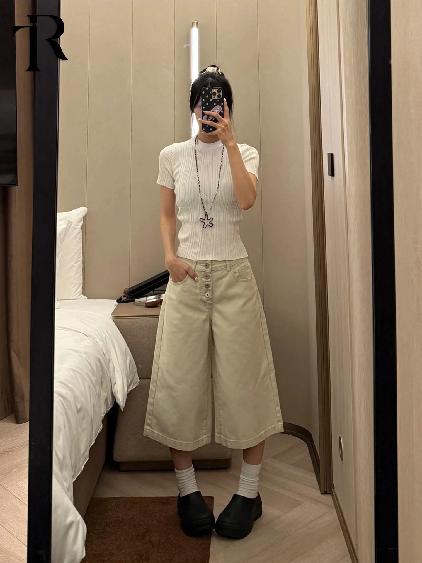 

High Waist Seven-Five Wide Leg Jeans Women's Summer Thin Straight Cut Vintage Light Brown Button Design Casual Comfortable