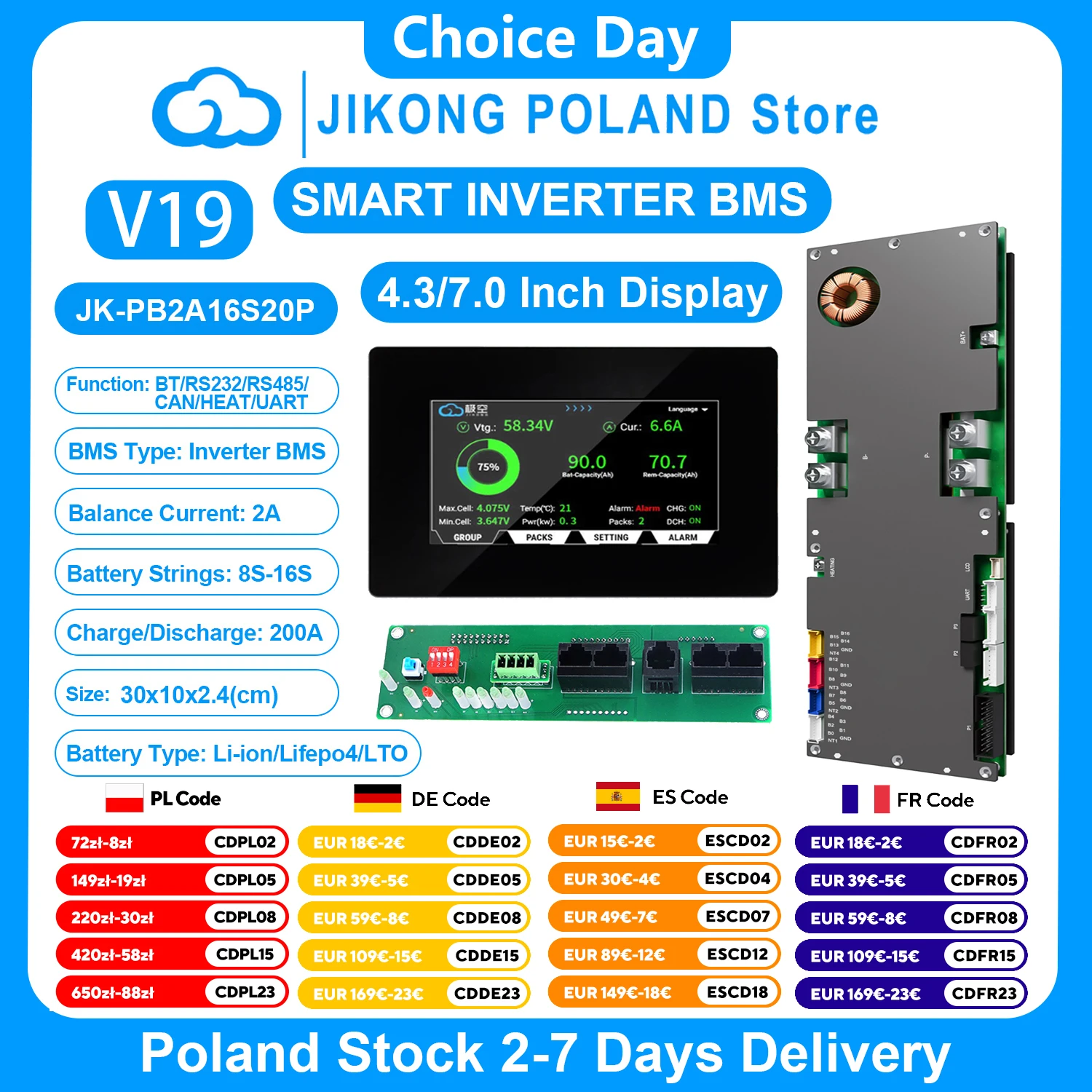 JIKONG V19 onduleur intelligent BMS 8S ~ 16S 24V 48V 200A courant 1A 2A équilibreur actif pour batterie Lifepo4 Li-ion Lto BMS JK-PB2A16S20P
