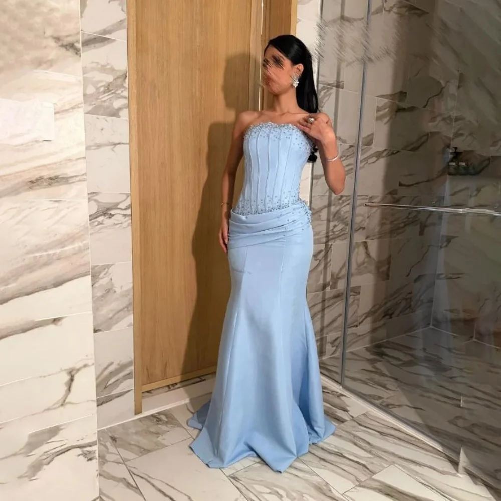 فستان سهرة مخصص بدون حمالات رائع بدون أكمام فساتين لحضور الحفلات الموسيقية Ruched مناسبة رسمية مثير مطرز بالخرز رداء سهرة