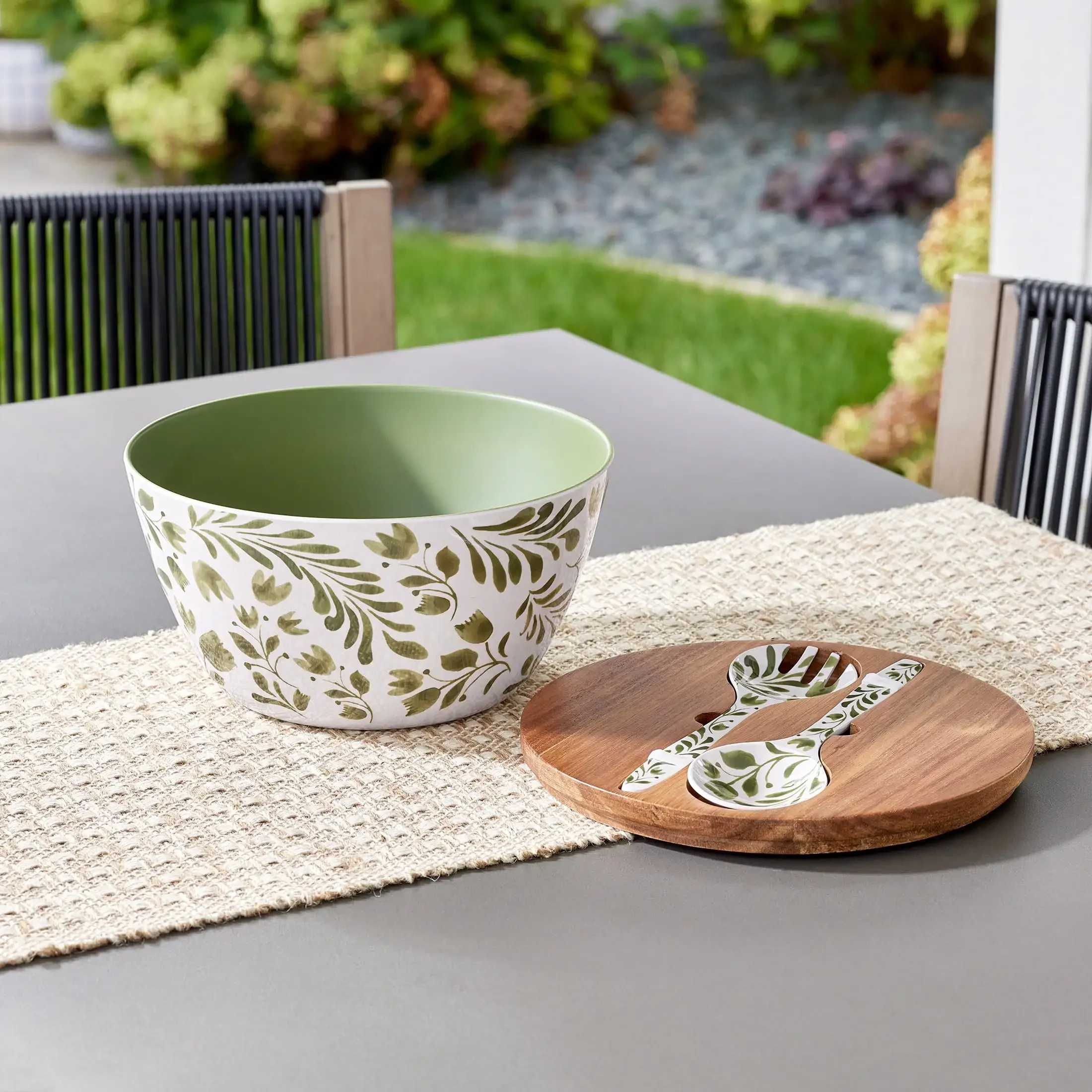 Better Homes & Gardens Набор из 4 бамбуковых меламиновых салатов и посуды с крышкой из дерева акации, зеленый