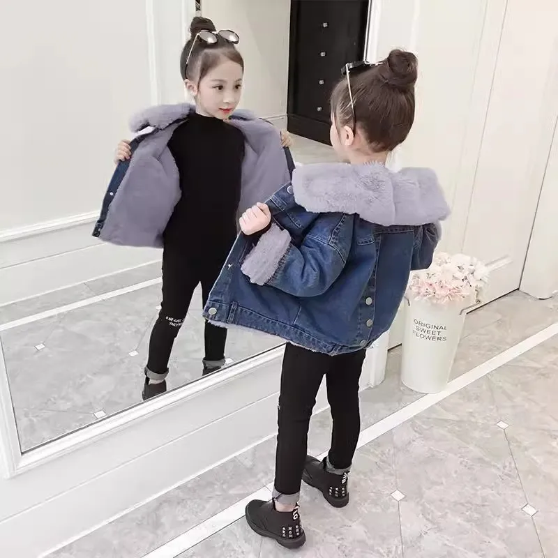 

Girl Velvet Denim Jacket Autumn and Winter New Korean Edition Children's Thick Fleece Lined Coat