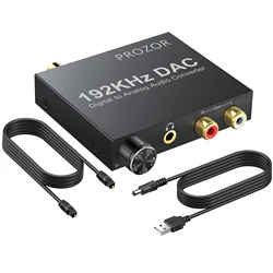 PROZOR Digital To Analog Converter 192kHz DAC Coaxial SPDIF Toslink To Stereo RCA 3.5mm Jack Audio Adapter With Volume Control