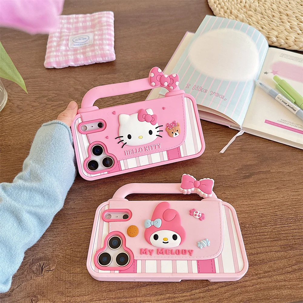 

Kawaii Melody Hellokitty Handbag Silicone Soft Phone Case for iPhone 17 16 Plus 11 12 13 14 15 Pro Max Cover Cute Shockproof Fun