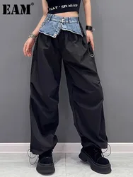 [EAM] High Elastic Waist Black Denim Color-block Long Cargo Pants New Trousers Women Fashion Tide Spring Autumn 2024 1DH4616