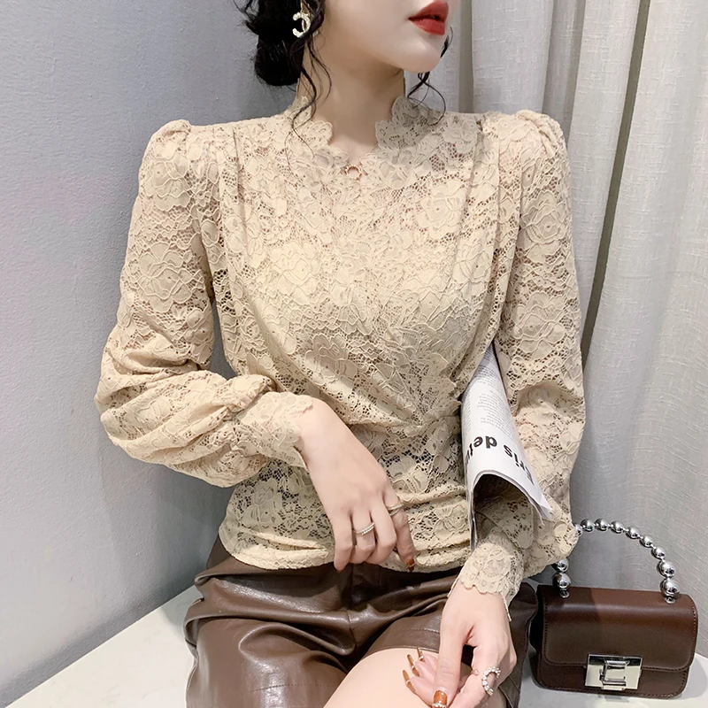 New Korean Fashion OL See-through Lace TShirts Women Sexy Tops Female Girls Nice Clothing Ladies Aesthetic Bishop Sleeve Clothes