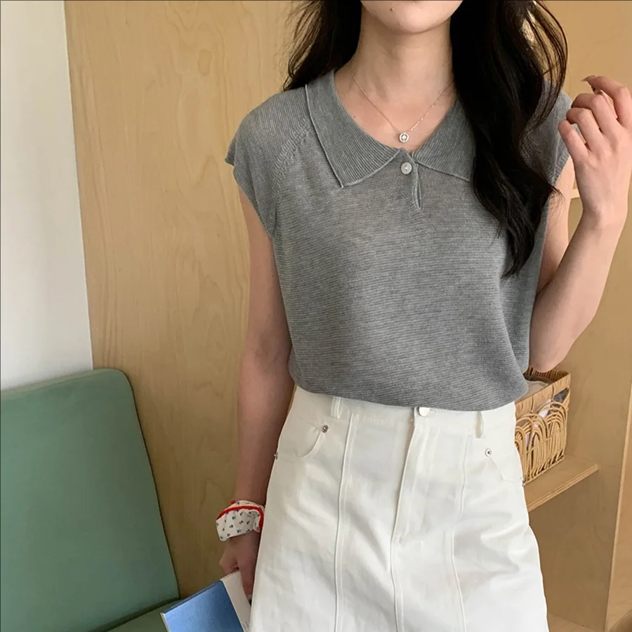 

Summer casual one button short sleeve knitted T-shirt women top