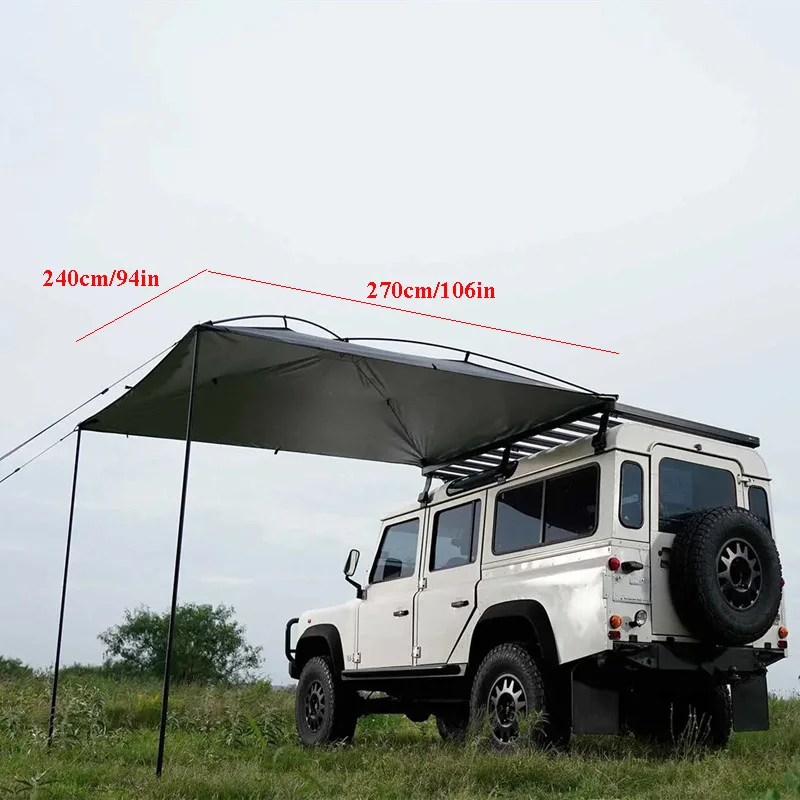 Car Side Canopy Awning Aluminum/Iron Pole Tent Vehicle Outdoor Camping Self-driving Rainproof Sunshade Roof 270*240cm Rear Tarp