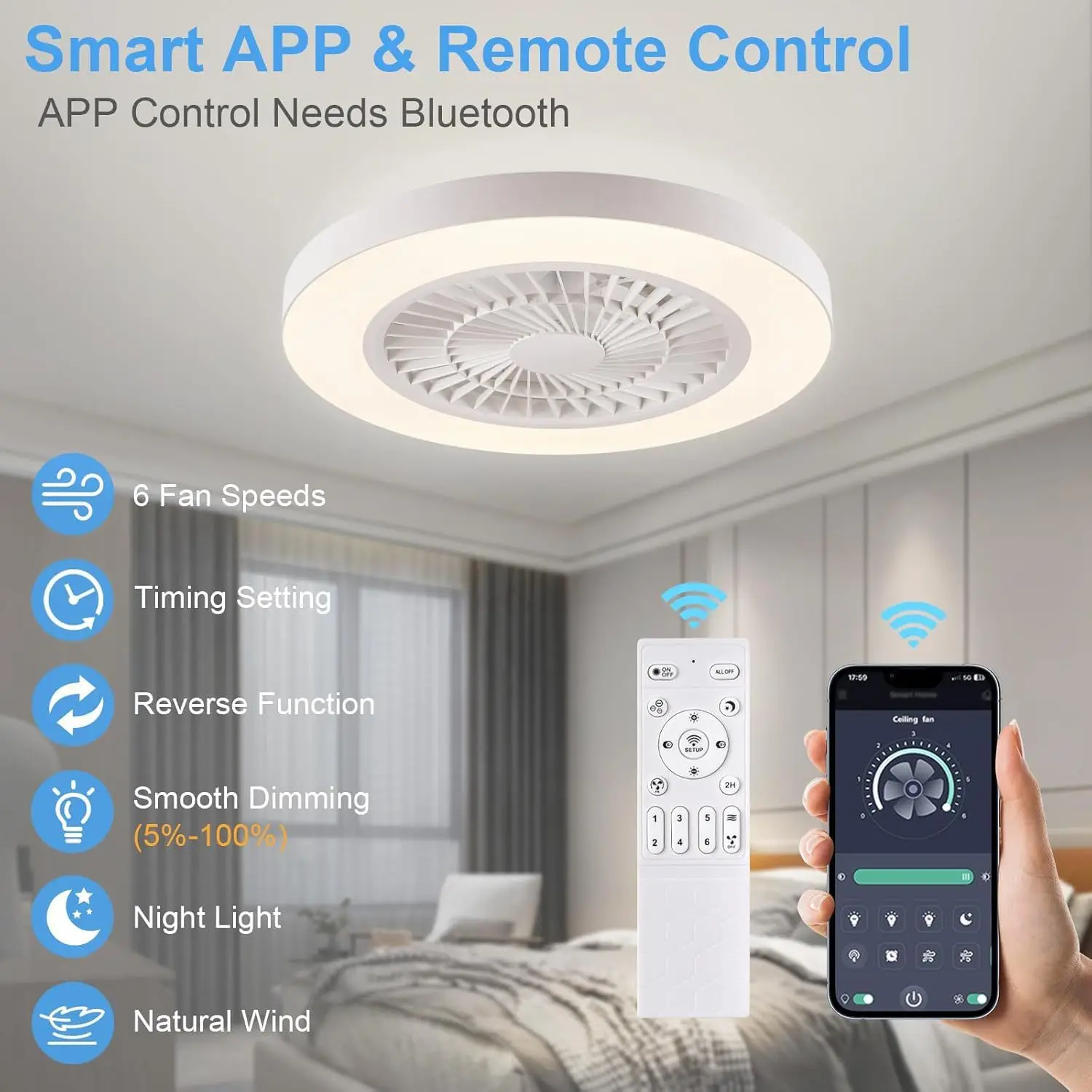 

Modern minimalist circular ceiling fan light for bedrooms, living rooms, study rooms, universal, efficient and energy-saving