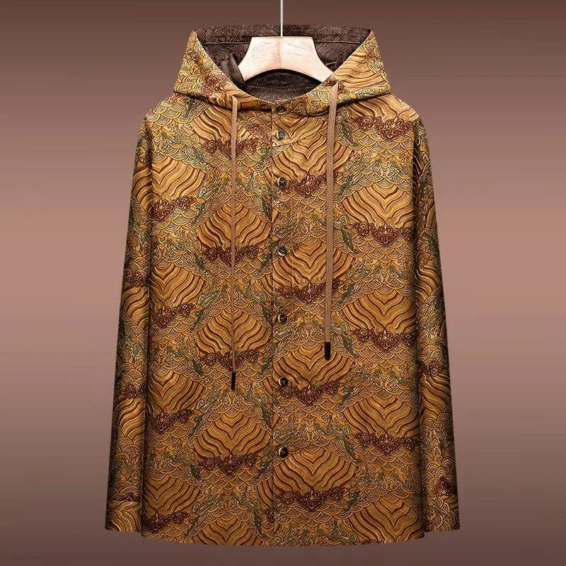 Autumn Casual Men's Long Sleeve Shirt Youth Hooded Silk Menswear Double-sided Xiangyun Silk Button-up Cotton-Polyester Blend