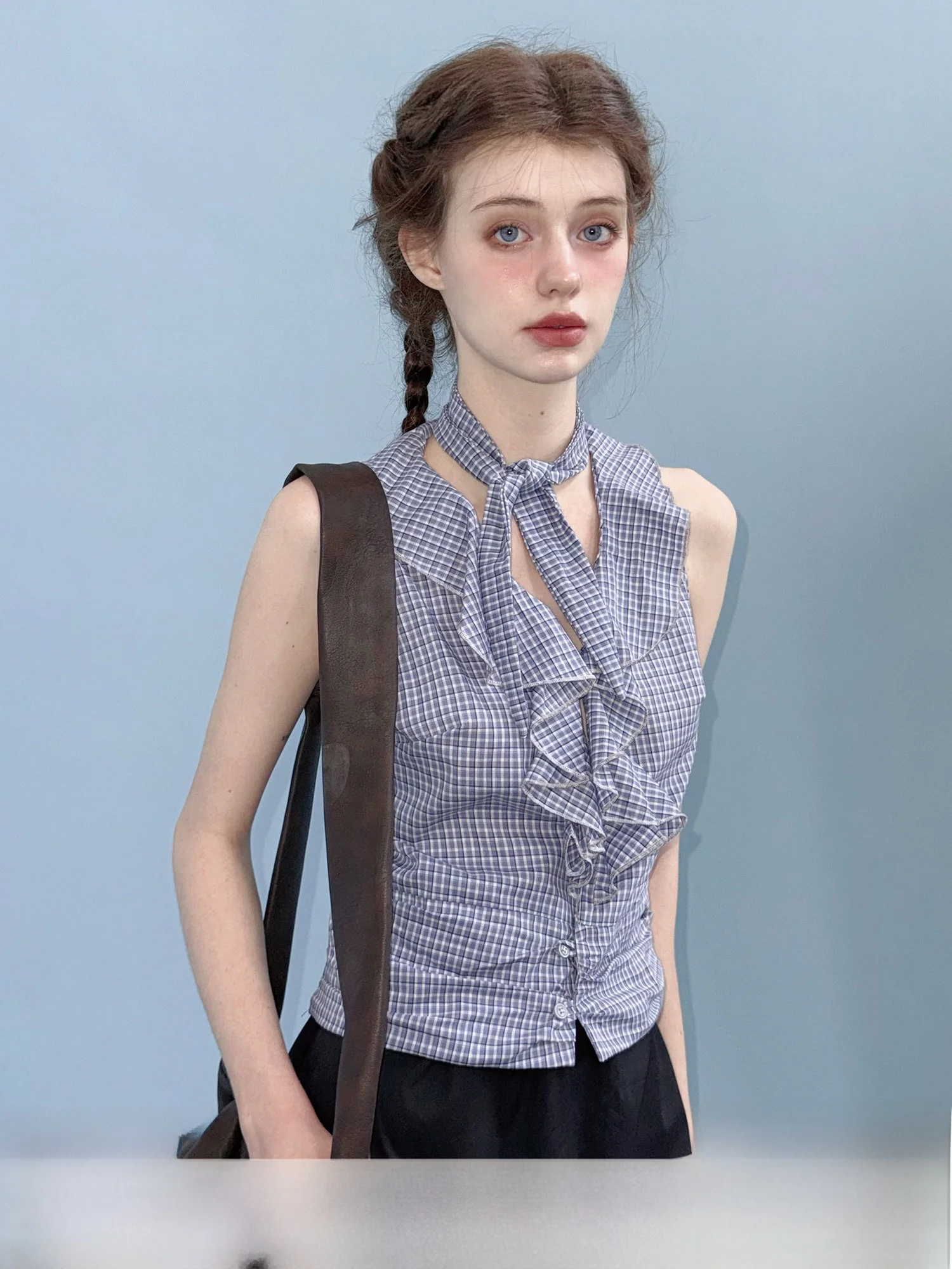 

Original Blue Plaid irt Waistcoat Women's Faion Commute Sle Pure Cotton Breathable V-ne Svel Top