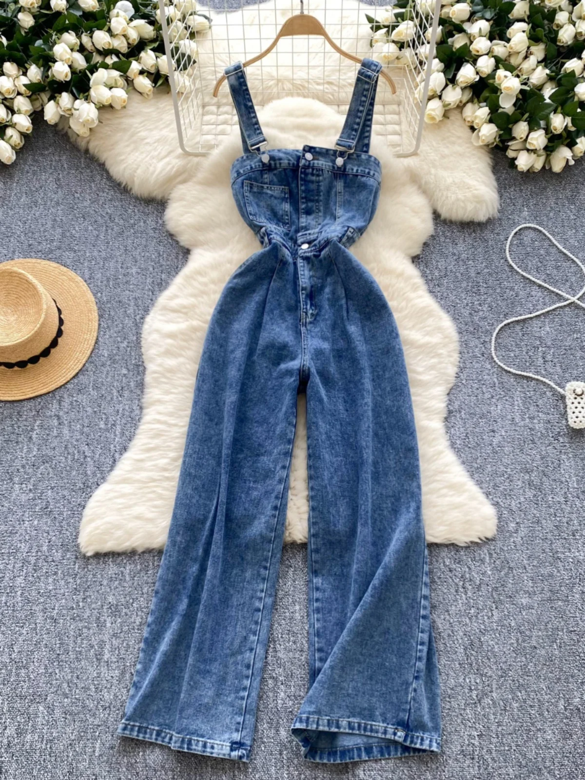 

American Sle Spicy Girl Denim Overalls Women's Slimming High Waist Long Pants Vintage Faded Wide Leg Design Sensation