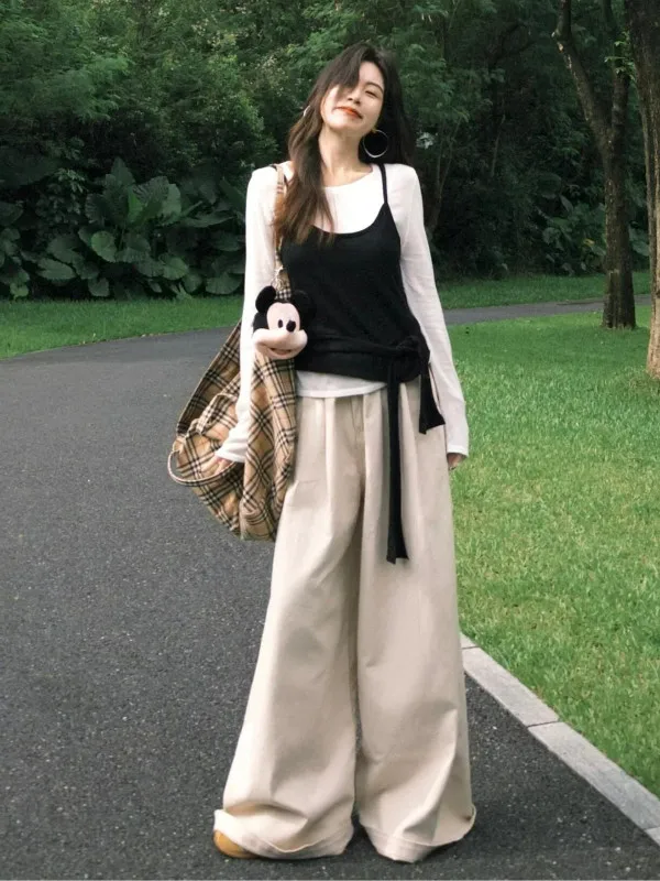 Casual Long Sleeve T-Shirt Set Two-Piece Layering Style Korean Gentle Early Autumn Atmosphere Sensation Slimming Leisure Wear