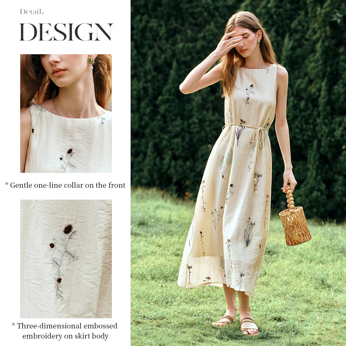 OLrain robes 2025 femme été sans manches a-ligne longue Slash cou abricot flore dames élégant vacances dames robe O57XL99810