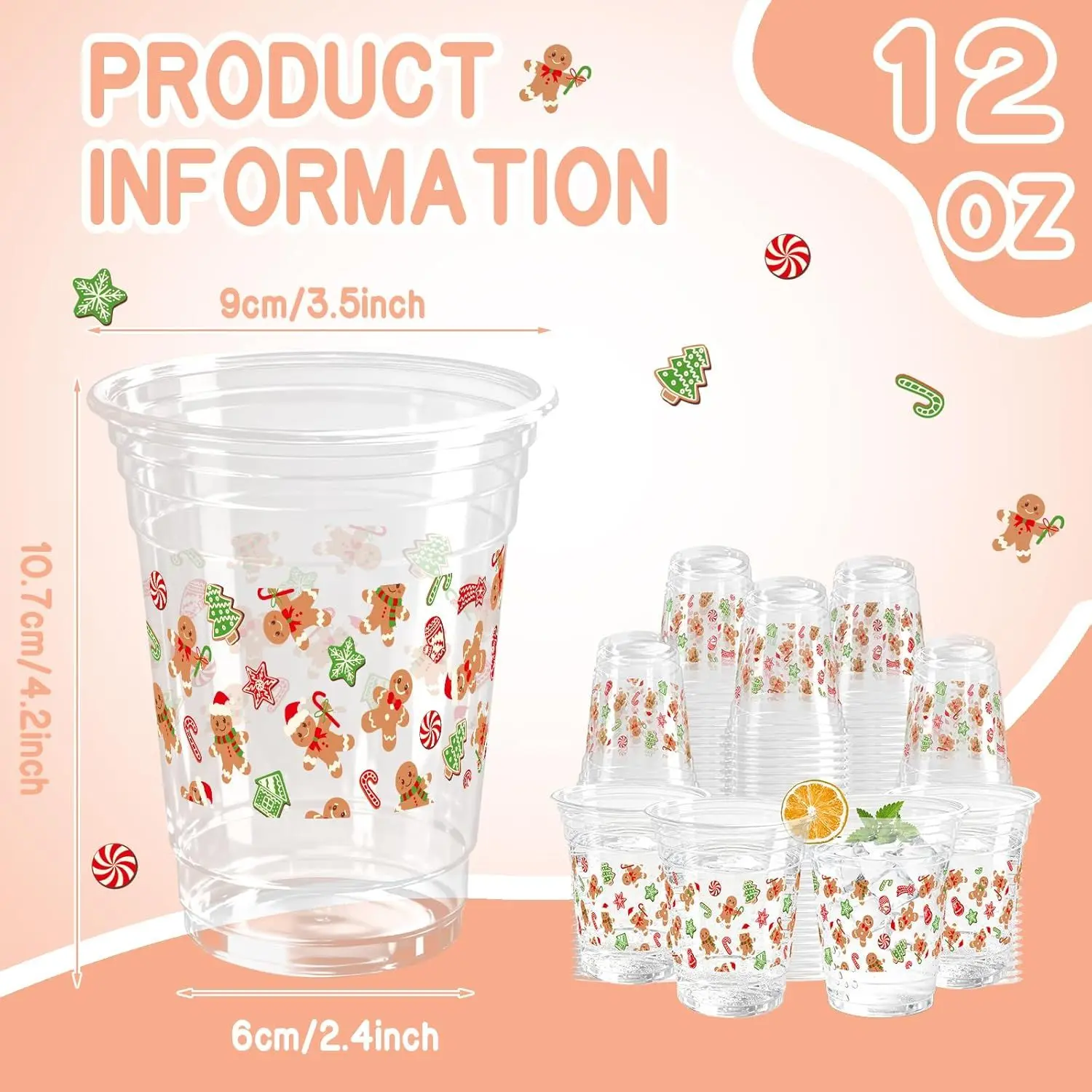 100 Pack Christmas Clear Plastic Cups 12 Oz Gingerbread Men Disposable Cups Merry Christmas Drinking Cups Bulk for Beverage