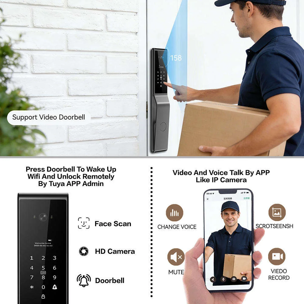 Glomarket Tuya Intelligente Face Recognition Biometric Digital Combination Finger Print Password Keyless Entry Smart Door Lock