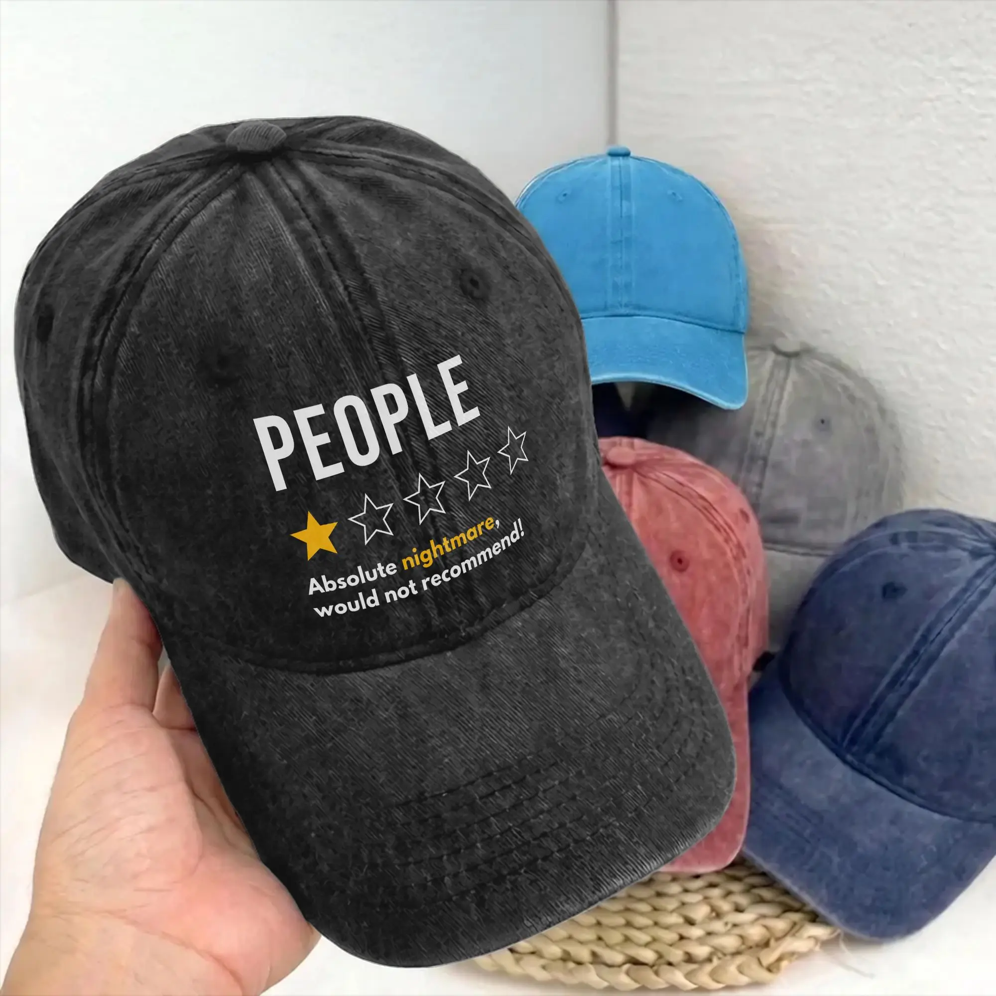 Retro Funny People One Star Rating Baseball Cap Unstructured for Men Women Absolute Nightmare Distressed Cotton Sun Cap Gift Hat