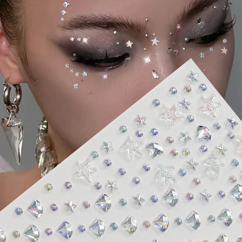 1Pcs Aurora Crystal Diamond Star Face Gems Stickers Mini Round Starfish Bling Rhinestone Fake Tattoo Sticker for DIY Eyes Body#^ view 3