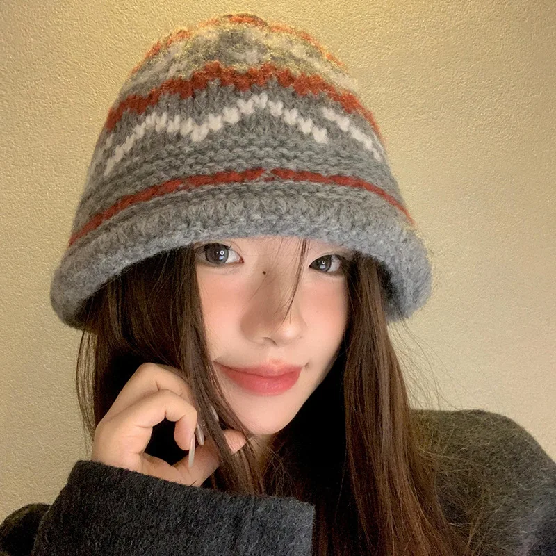 Damski zimowy ciepły kapelusz rybacki w stylu vintage, dziergany, z podwiniętym brzegiem, kapelusz typu bucket dla dziewczyn, kobiet, na zewnątrz, wiatroodporny kapelusz panama, kapelusz typu basin.