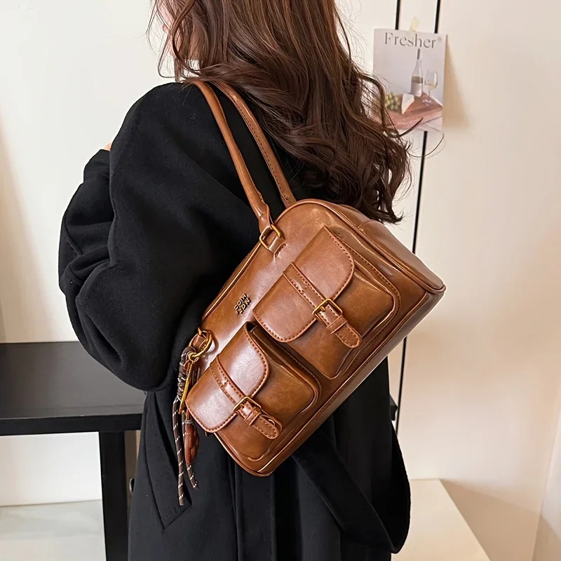 

Women's Retro PU Leather Shoulder Bag Wallet Portable Tote Handbags Pockets Large Capacity with A Detachable Accessory Charm