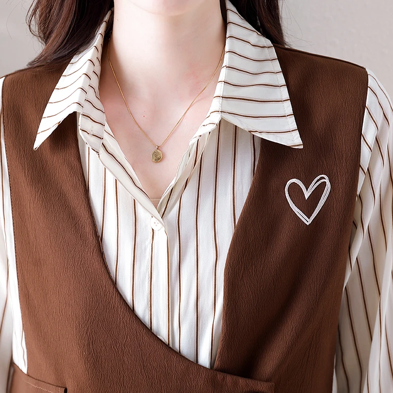 QOERLIN Fashion Fake Two-Piece Embroidered Striped Blouse 2024 New Long Sleeve Turn-Down Collar Button Up Blouse Elegant Tops