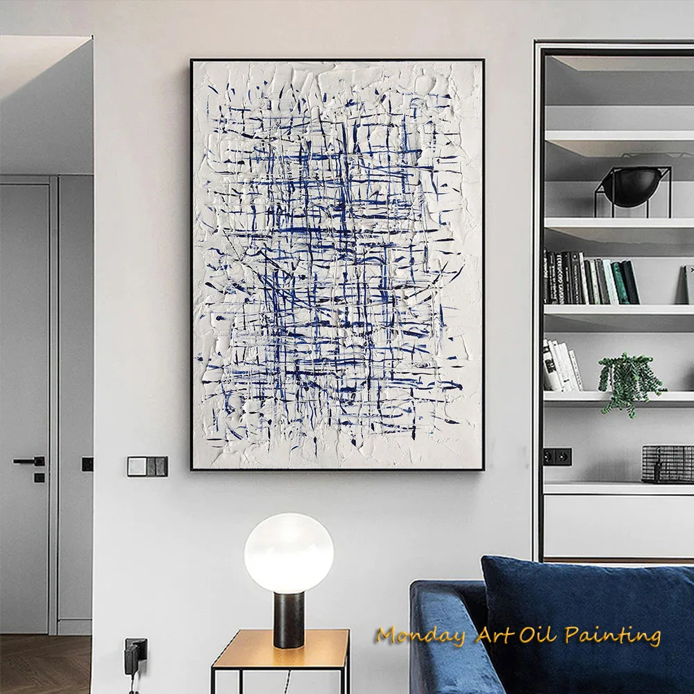 White Blue Hand Painted Abstract Oil Painting Modern Blue Minimalist Wall Art Living Room Decor Textured Fedex Shipping Cost