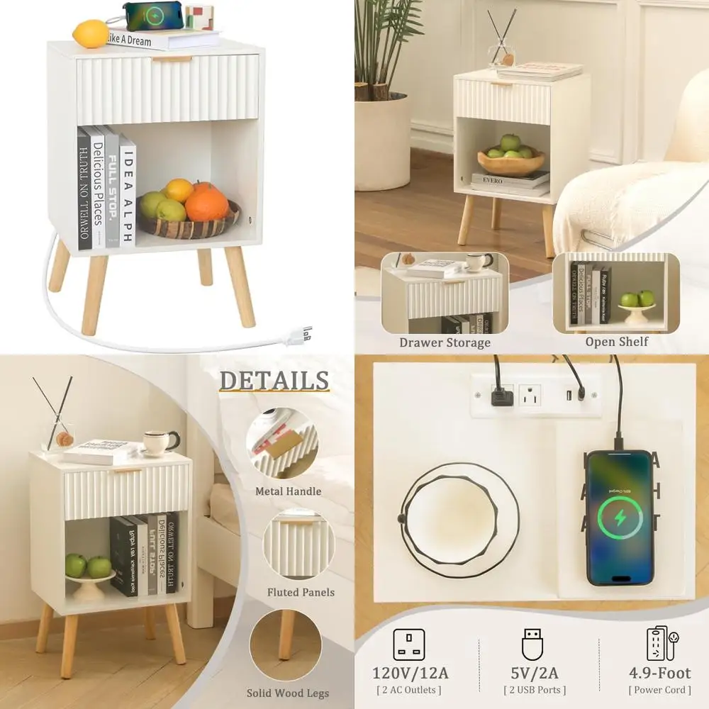 

Charging Station Nightstand Mid Century Modern Wooden Bedside Table with Drawers Living Room Side Tables