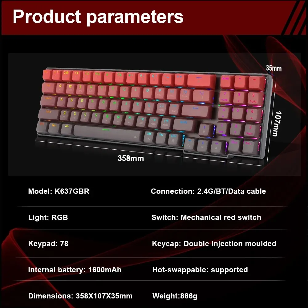 REDRAGON GALIO PRO K637 RGB USB Mechanical Gaming Keyboard Support Bluetooth Wireless 2.4G Gamer 78 Keys for Computer PC Laptop