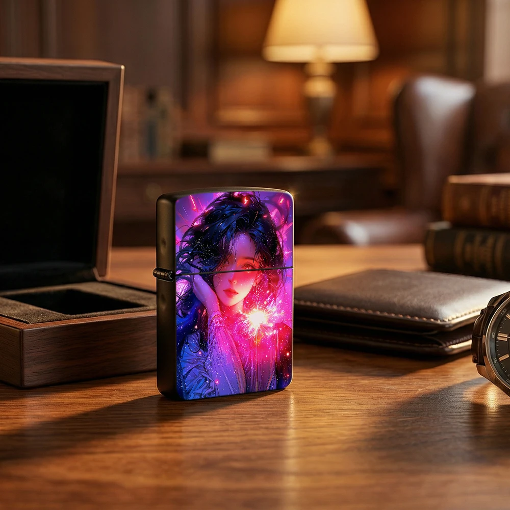 Flip Top Lighter Neon Glitter Anime Girl Sparkle Fantasy Art Pattern lighters vintage lighters for smokers Collectible Gift