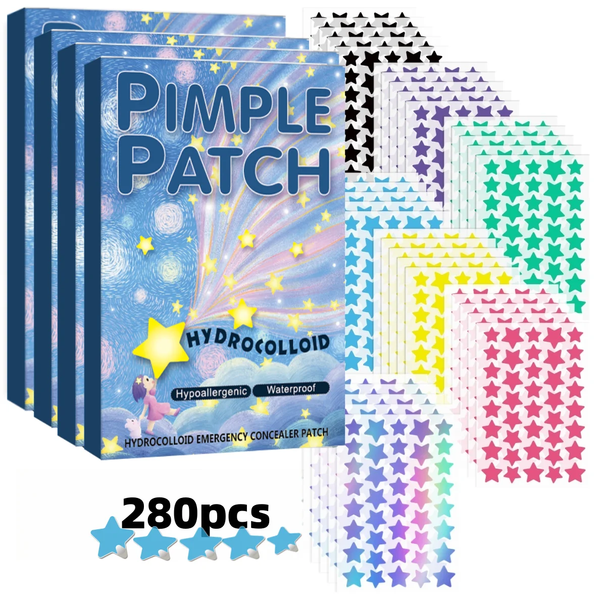 

280 шт. патчи для лица со звездами и прыщами разных размеров, красочные, невидимые, дышащие, скрывающие пятна.
