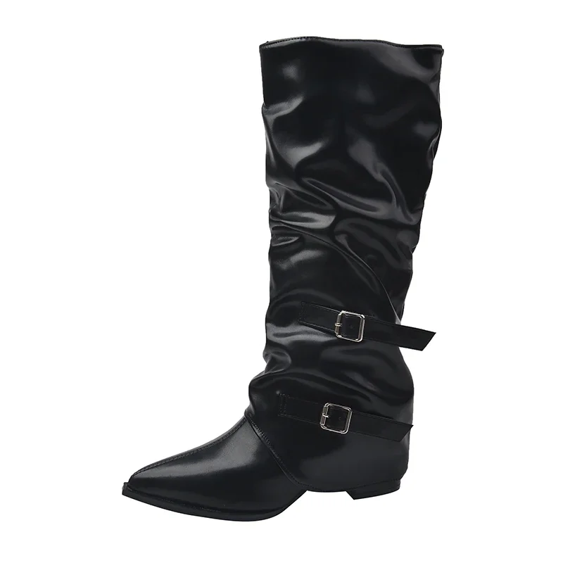 Bottes hautes plissées vintage pour femmes, mode pointue, chaussons longs modernes, automne, hiver, sexy, mince, talons carrés, chaussures pour dames