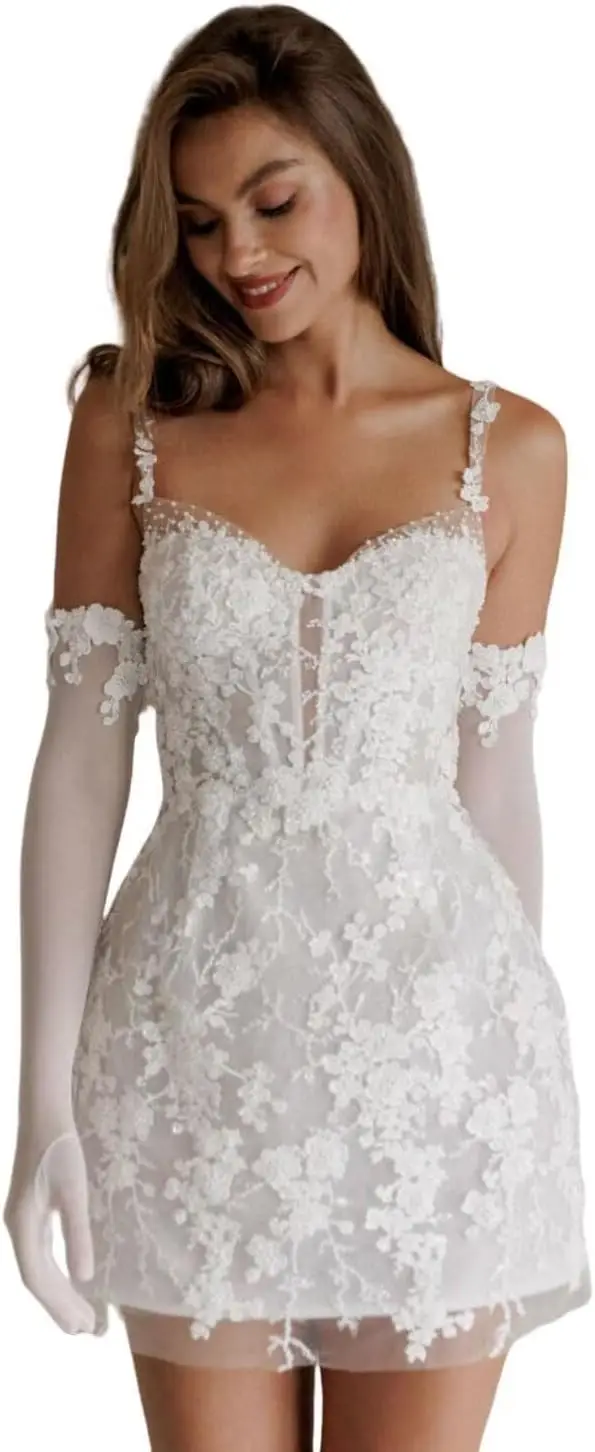 

Короткие свадебные платья LECOYOYO для невесты 2026: кружевные аппликации, бохо-стиль, мини-платье для невесты, с длинными рукавами, для предсвадебного торжества