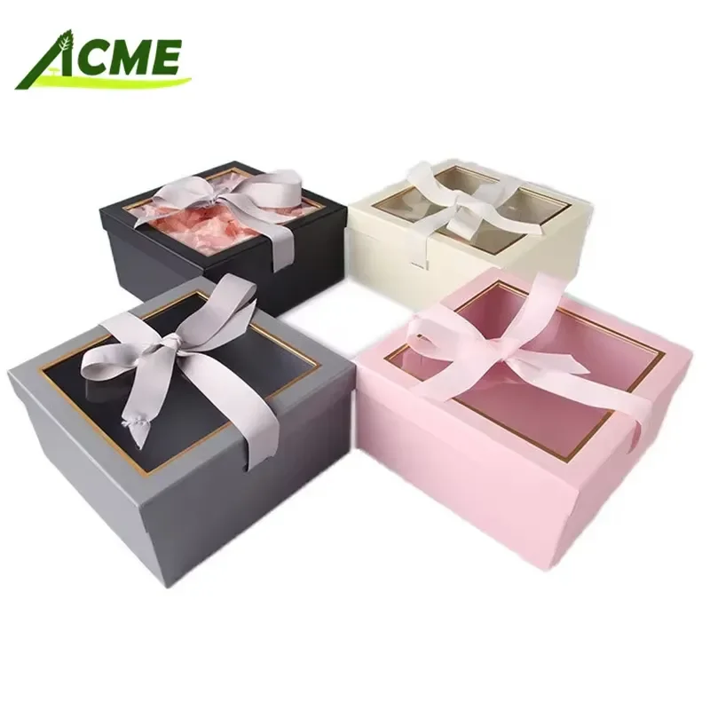 Wholesale Exquisite Black White Pink Gray Two Piece Set Bow Ribbon Art Paper Window Square Rigid Recyclable Embossing