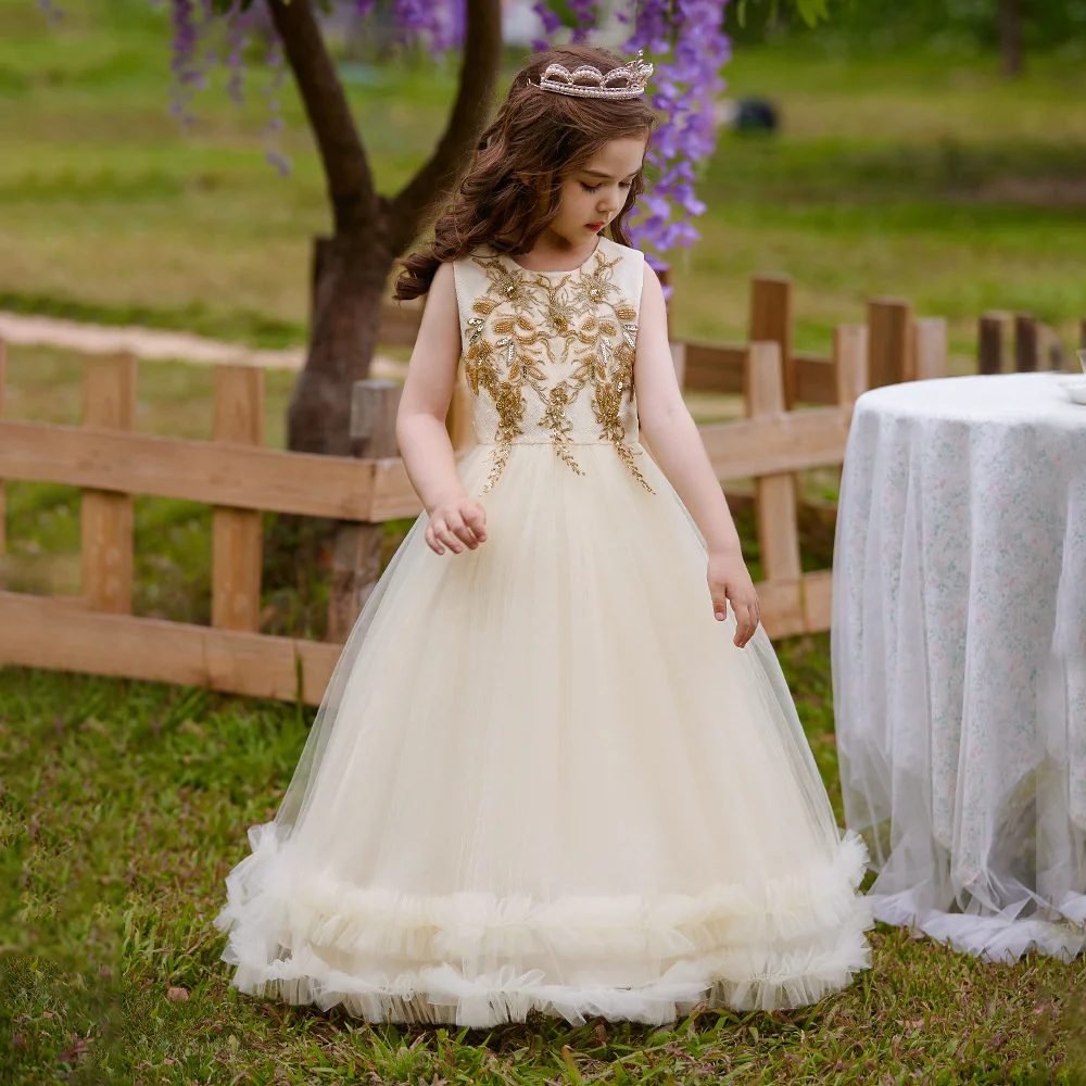 Vestido da menina de flor para o casamento sem mangas applique tule inchado até o chão com arco festa aniversário primeira comunhão vestidos baile