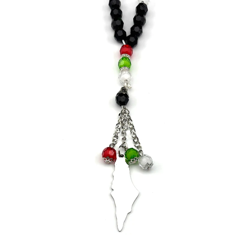 Palestine Map Flag Arabic Letter Car Pendant for Women Men Stainless Steel Silver Color Country Colorful Prayer Beads Jewelry
