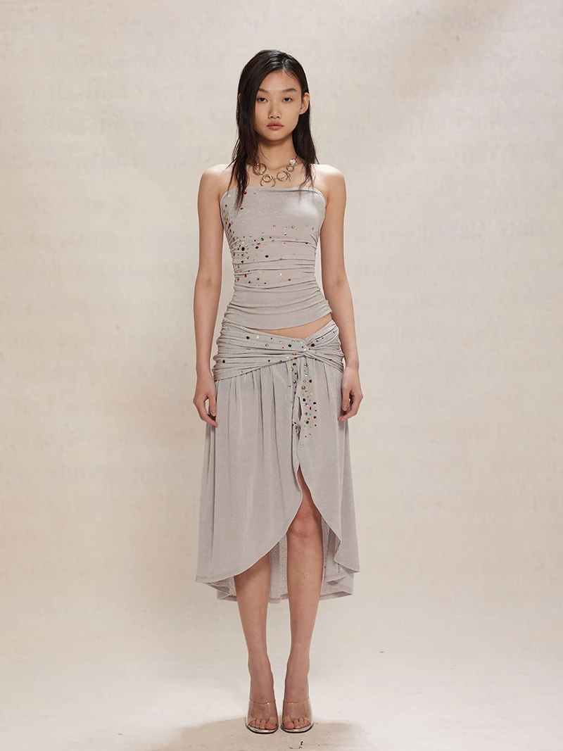 

Comfortable ey Sequin Knitted Bandeau Strap Set Doears24ss Trendy ort Sve Two-Piece Set for Teen Girls Summer Faion