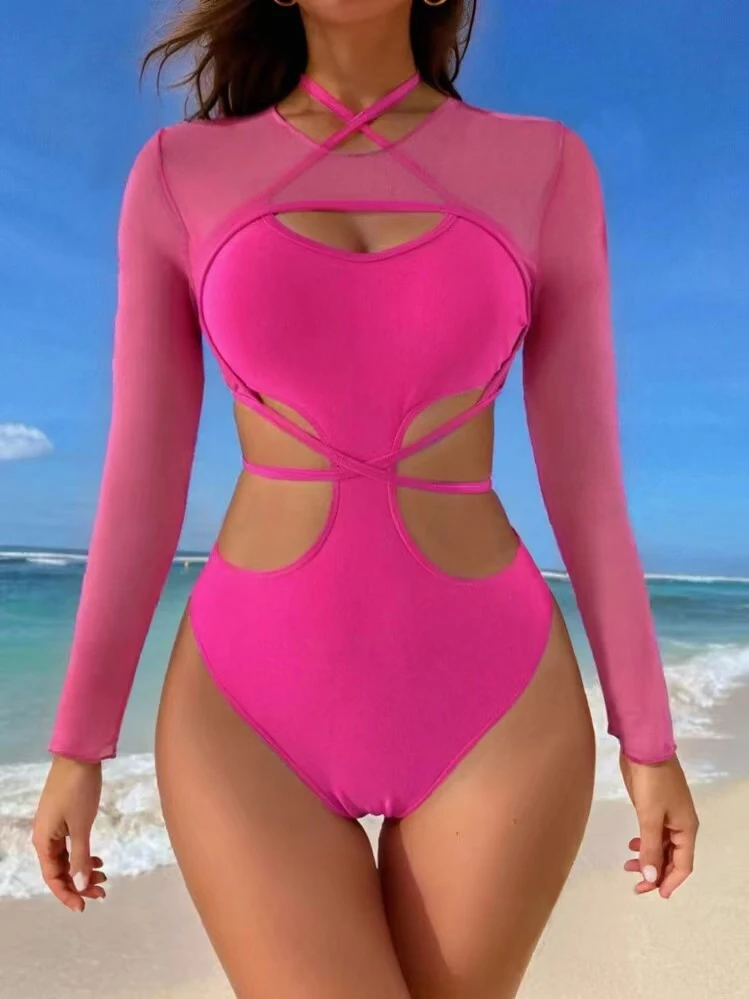 

Женский слитный купальник с длинными рукавами – ярко-розовый купальник с сетчатыми вставками и перекрестными вырезами, с высокой талией