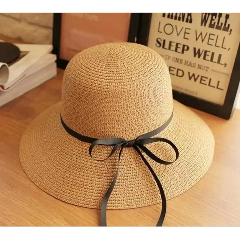 Concise Design Foldable Floppy Straw Beach Girl Hat Wide Brim With Bow Ribbon UV Protection Women Summer Travel Panama Sun Hat