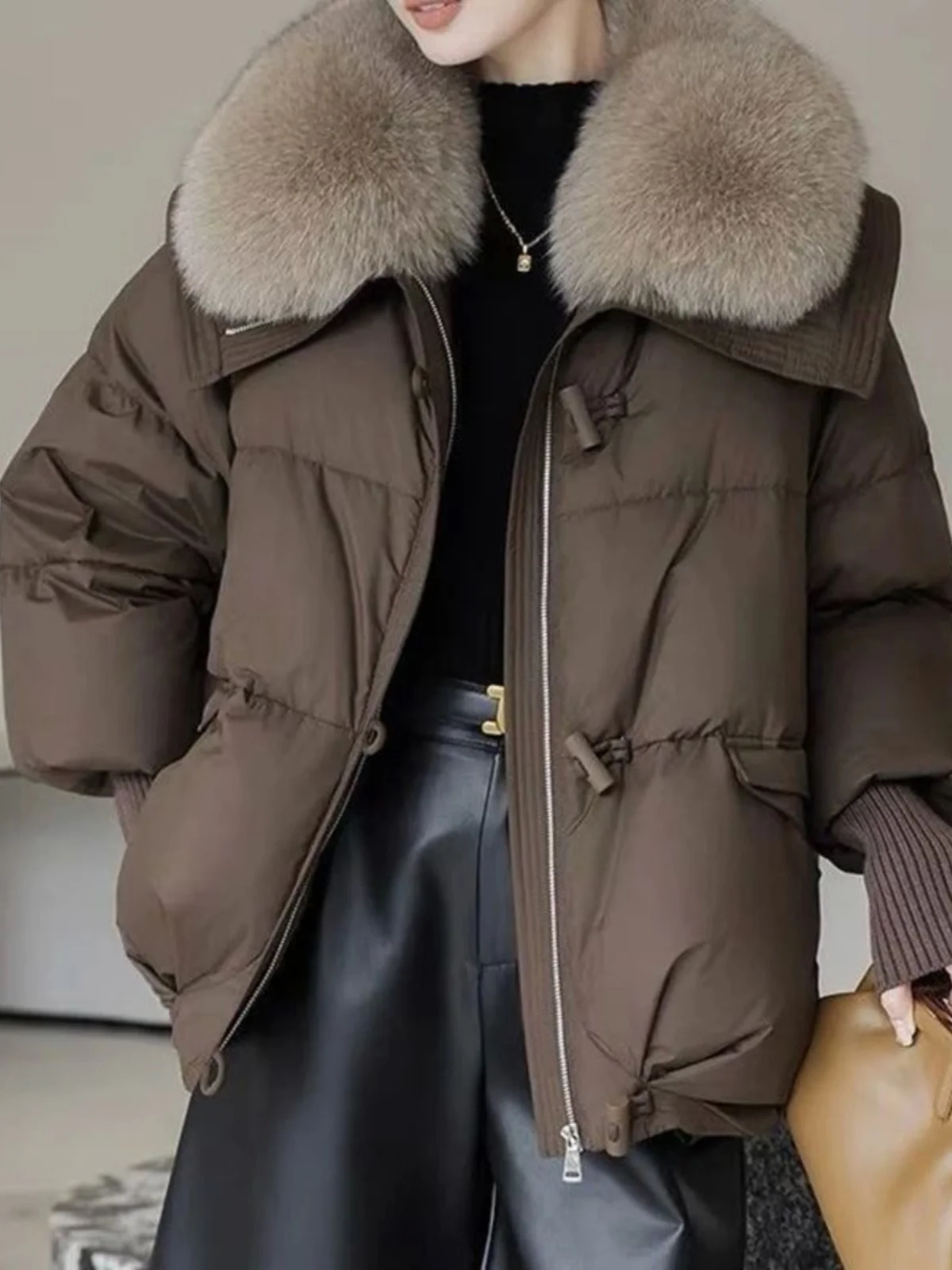 Street Sle Oversized ort Cotton Jaet with down Fill Big Fur Collar Hooded Thiened Spring Faion Ladies' Coat